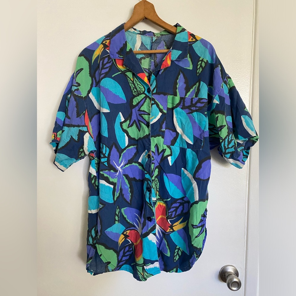 Tropical Print Casual Button Down Shirt, Men's Size Large #113